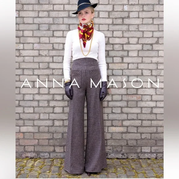 Anna Mason London Beau Trouser Wide Leg Pants Wool Tweed Plaid Check Brown Sz 4